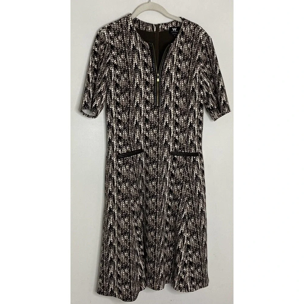 W By Worth Womens Tan Brown Printed Zip Front Short Sleeve Flare Dress Sz 8 - Picture 2 of 5